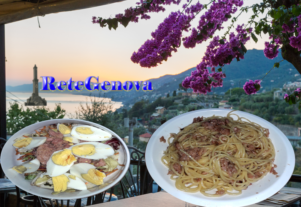 Spaghetti tonno peperoncino uova insalata